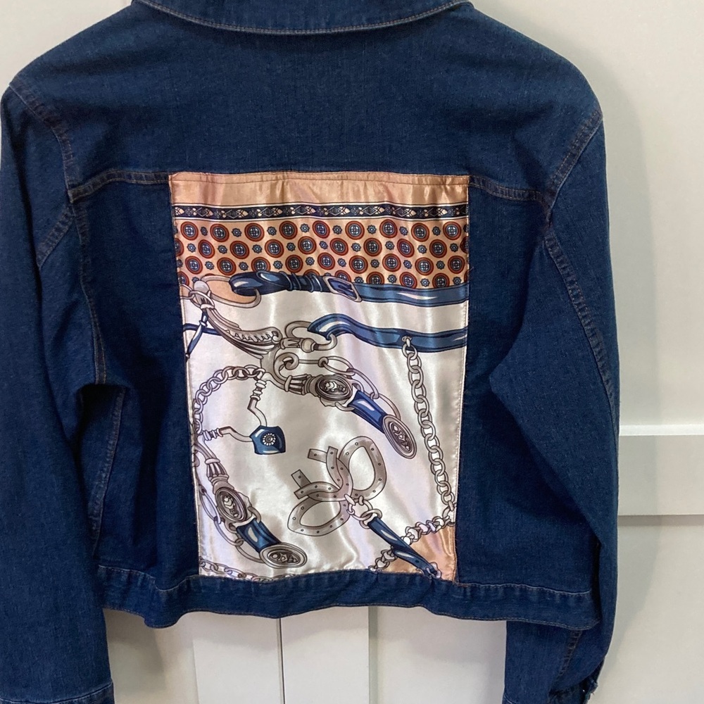 Faded Glory Blue Denim Jacket with custom equestrian design.